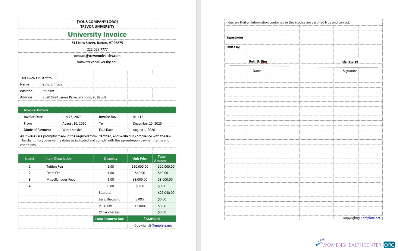 Download Blank University Invoice Template Photoshop template